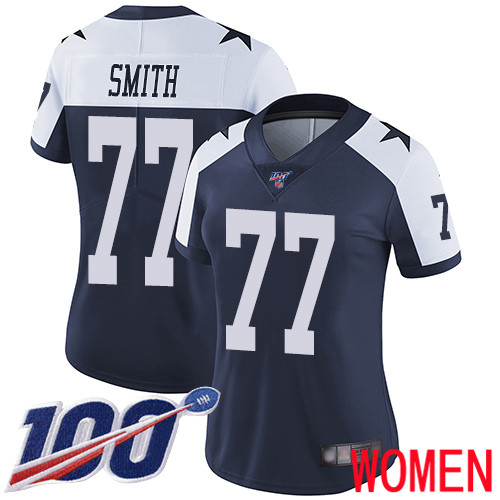 Women Dallas Cowboys Limited Navy Blue Tyron Smith Alternate #77 100th Season Vapor Untouchable Throwback NFL Jersey